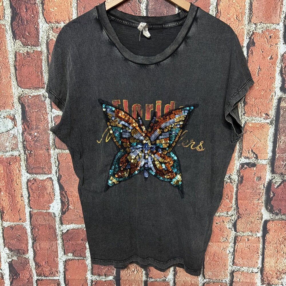 We The Free Black Butterfly Embellished Top